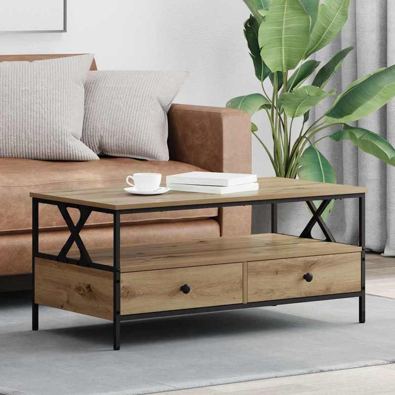 Salontafel – Koffietafel – Woonkamertafel – Bijzettafel – Tafel – Rechthoekig Design – Eikenhout & Zwart Metaal – 100x51x45 cm – Met Onderplaat