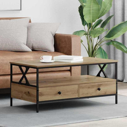 Salontafel – Koffietafel – Woonkamertafel – Bijzettafel – Tafel – Rechthoekig Design – Eikenhout & Zwart Metaal – 100x51x45 cm – Met Onderplaat
