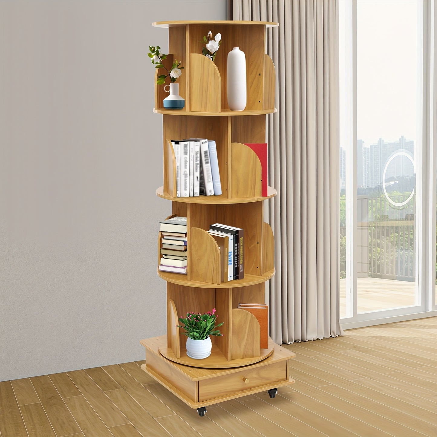 Boekenplank – Boekenrek – Wandplank – Boekenkast – Opbergmeubel – Draaibaar 360° – Massief Hout – 4 Lagen – Verrijdbaar – Compact 46x46x142 cm