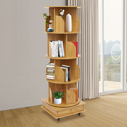 Boekenplank – Boekenrek – Wandplank – Boekenkast – Opbergmeubel – Draaibaar 360° – Massief Hout – 4 Lagen – Verrijdbaar – Compact 46x46x142 cm