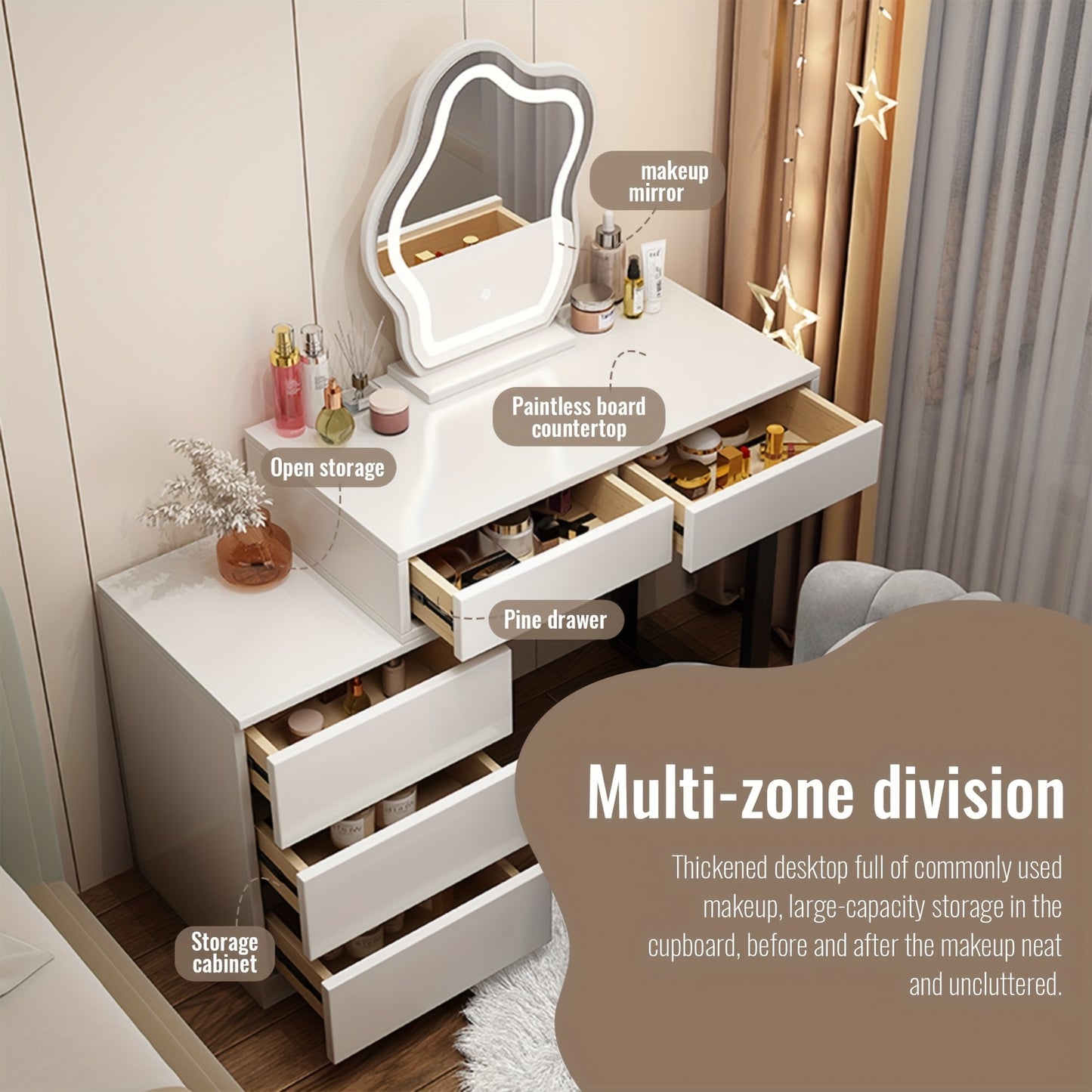 Makeuptafel – Kaptafel – Make-up Tafel – Schminktisch – Cosmetica Tafel – 5 Lades – MDF Met Metaal – Modern Wit Met Spiegel – Compact & Ruim Opbergmeubel – 69 cm Hoog - QUORE