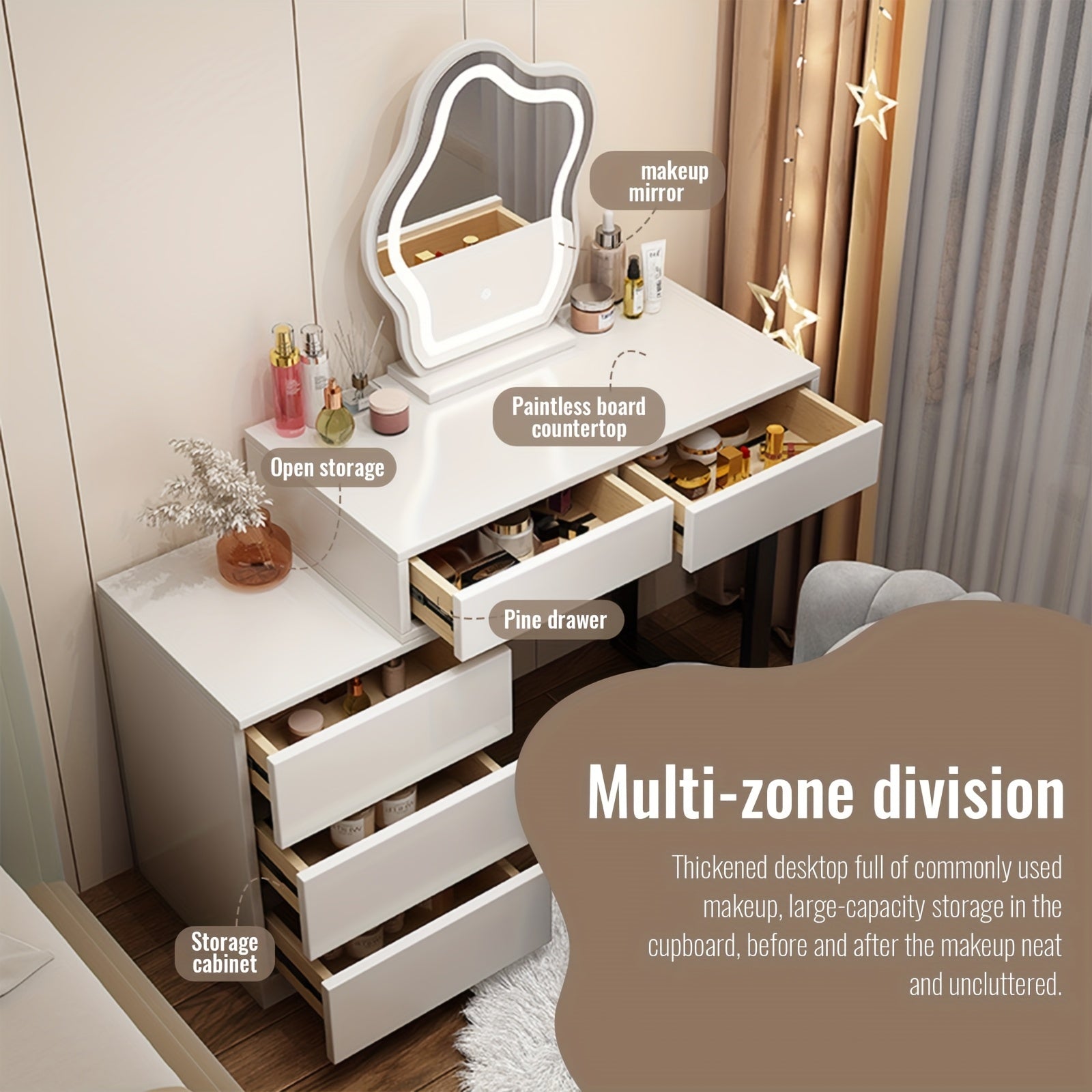 Makeuptafel – Kaptafel – Make-up Tafel – Schminktisch – Cosmetica Tafel – 5 Lades – MDF Met Metaal – Modern Wit Met Spiegel – Compact & Ruim Opbergmeubel – 69 cm Hoog - QUORE