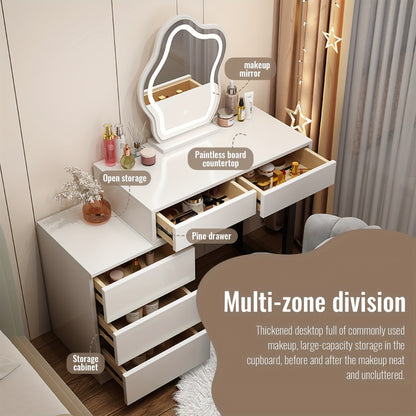 Makeuptafel – Kaptafel – Make-up Tafel – Schminktisch – Cosmetica Tafel – 5 Lades – MDF Met Metaal – Modern Wit Met Spiegel – Compact & Ruim Opbergmeubel – 69 cm Hoog - QUORE