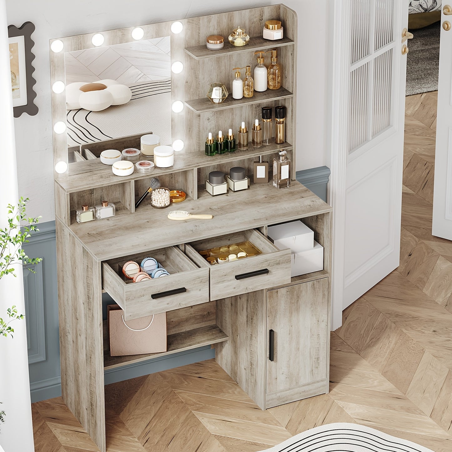 Makeuptafel – Kaptafel – Cosmeticatafel – Vanitafel – Make-up tafel – Verlichte Spiegel Met 10 LED – 90x40x140 cm Hout