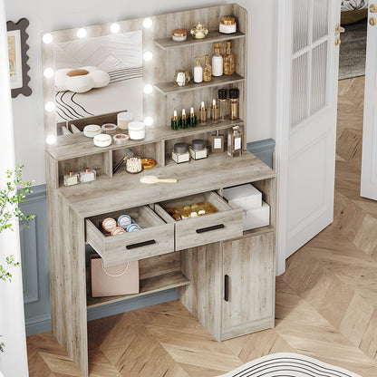 Makeuptafel – Kaptafel – Cosmeticatafel – Vanitafel – Make-up tafel – Verlichte Spiegel Met 10 LED – 90x40x140 cm Hout