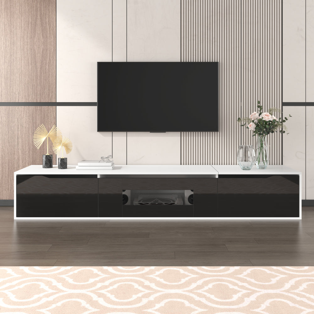 Modern Metal TV Stand with High-Gloss Finish - Wall-Mounted or Freestanding Media Console, Space-Saving Design in Black & White, Easy Installation with Hardware Included, Minimalist Entertainment Center for Living Room, Home