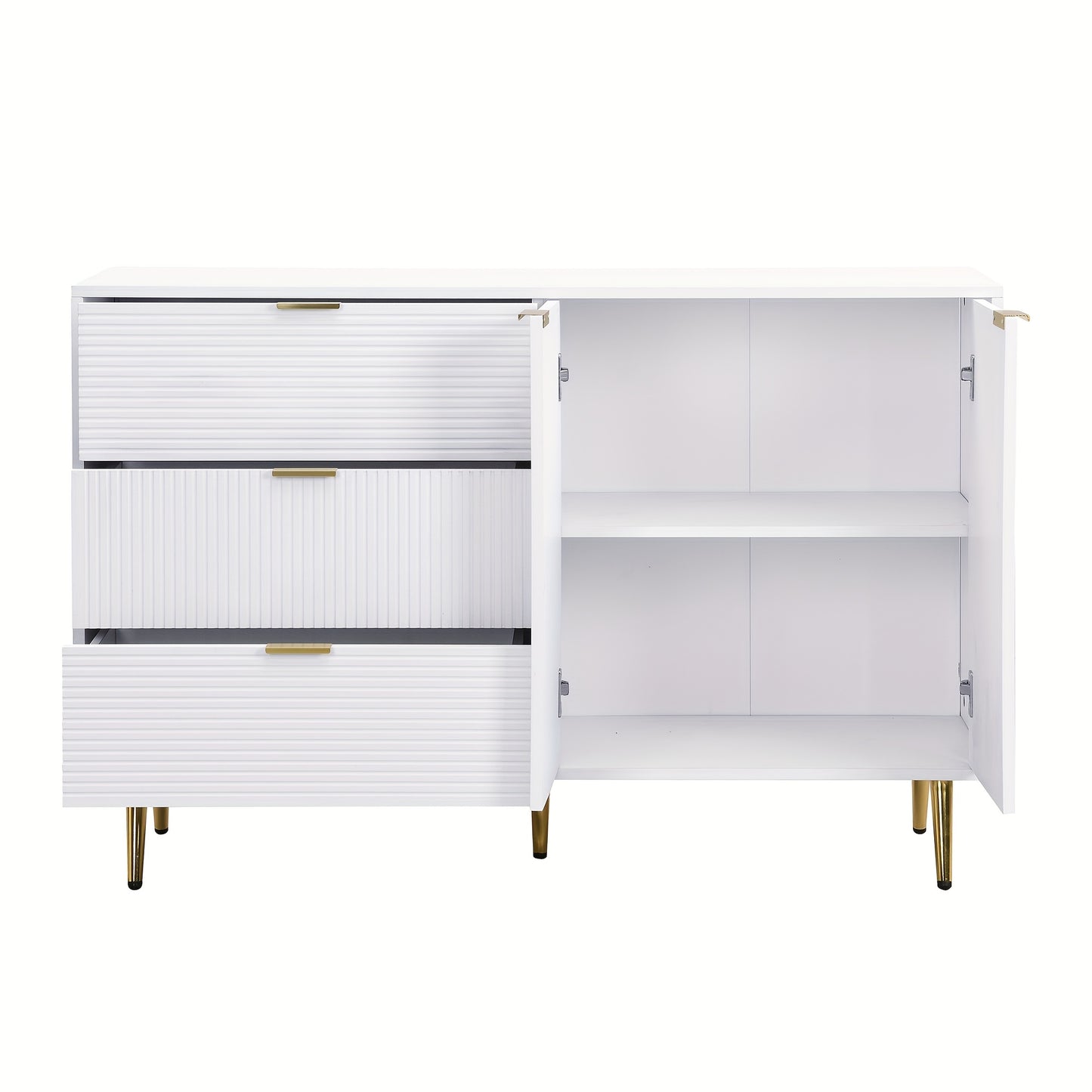 Dressoir – Buffetkast – Opbergkast – Ladekast – Woonkamerkast – Wit Met Gouden Accenten – Massief Hout – Met Deuren En Laden