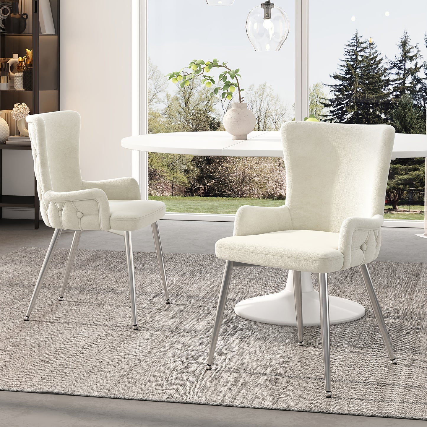 Eetkamerstoel Set – Stoel – Zetel – Dinerstoel – Kruk – Luxe Beige Bekleding – Metalen Frame – Stevige Zilveren Poot – Gemakkelijk Schoon Te Maken