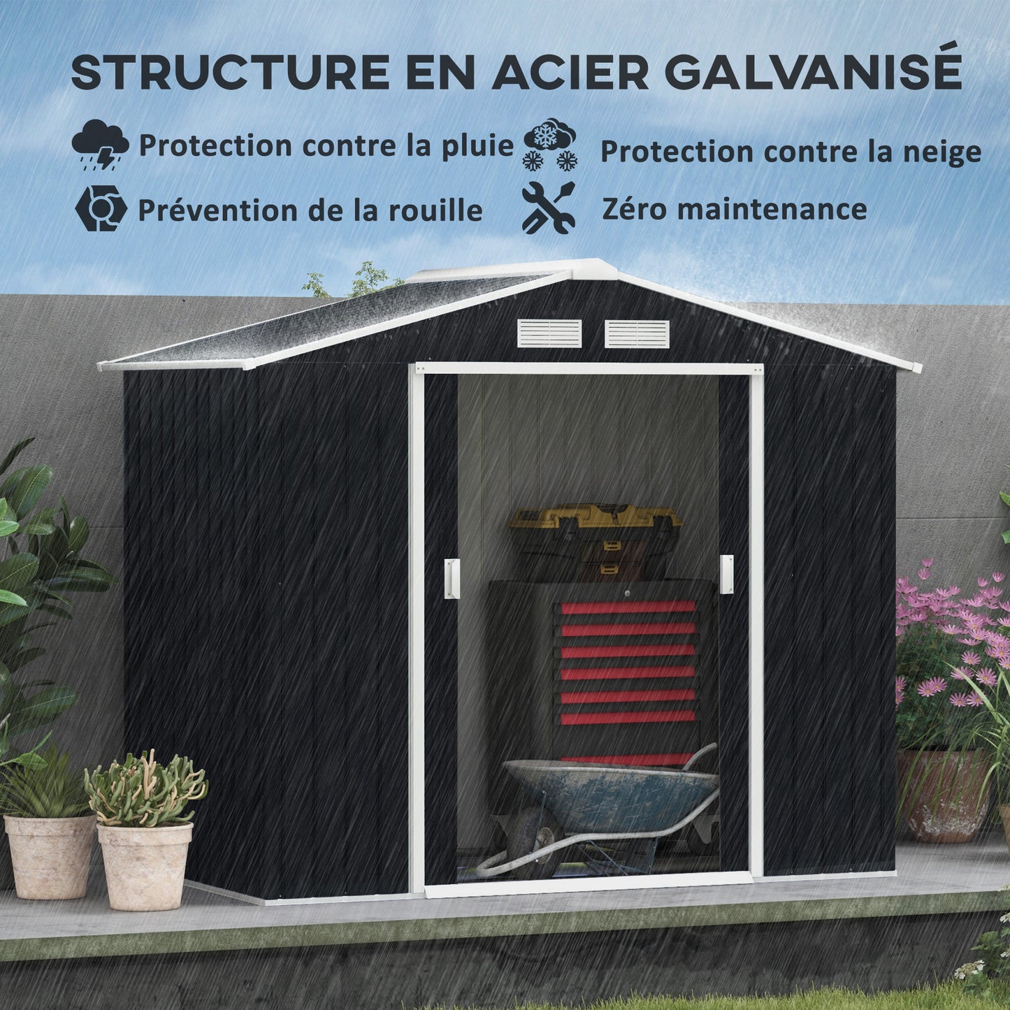 Tuinhuisje – Tuinkast – Gereedschapsschuur – Tuinschuur – Berging – Gegalvaniseerd Staal – Schuine Dakbedekking – 2,5 m² Ruimte – Dubbele Afsluitbare Deuren