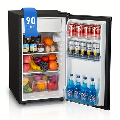 Mini Koelkast – Compact Koelkast – Kleine Koelkast – Vrieskast – Studentenkoelkast – Zwart RVS – 90L Inhoud – Instelbare Thermostaat – Vriesvak – Groentelade