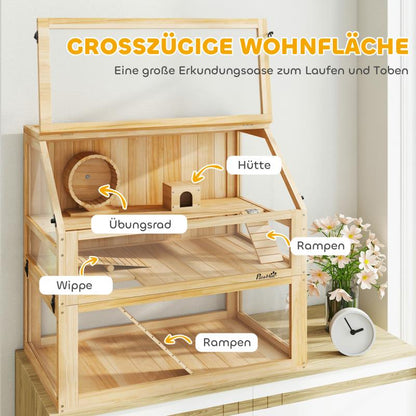 Knaagdierkooi – Hamsterkooi – Gerbilkooi – Muizenkooi – Chinchillakooi – 3-laags Houten Kooi – Ruim Met Loophelling – Natuurlijke Materialen – Goede Ventilatie