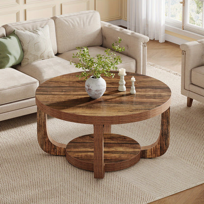 Ronde Salontafel – Moderne Koffietafel – Bijzettafel – Woonkamer Tafel – Opbergtafel – 2-Laags Ontwerp – Stevig Massief Hout