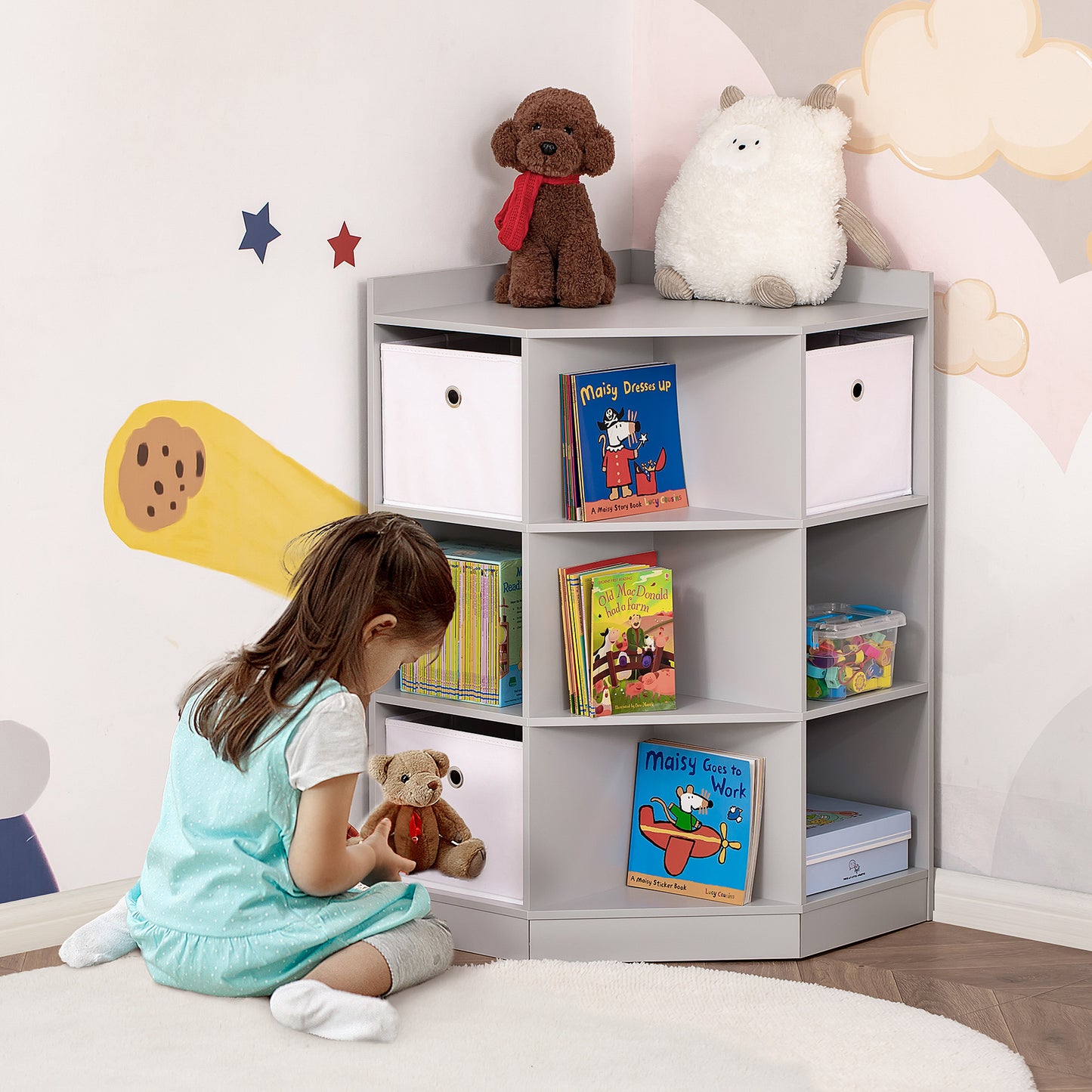 Kids' Storage Shelf with 3 Felt Drawers, MDF, Tilt-Proof, Gray
