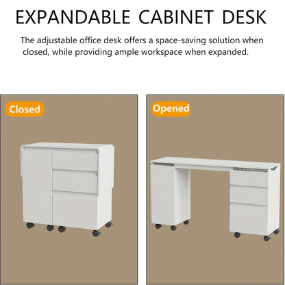Uitschuifbaar Bureau – Werktafel – Schrijftafel – Computerbureau – Bureau Met Laden – Wit – 66-120 cm Uitbreidbaar – Met Wieltjes En Opbergruimte