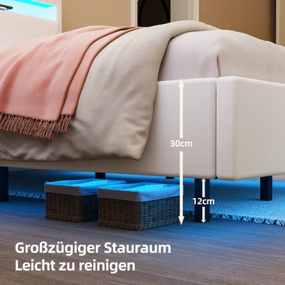 Zwevend Bedframe – Modern Bedframe – Platformbed – Led Bed – Gestoffeerd Bed – Queen Size – Usb Led Verlichting – PU Hoofdsteun