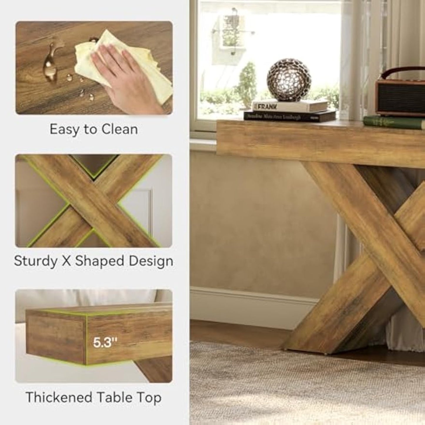 55-Inch Industrial Rustic Console Table - X-Shaped Narrow Entryway Table with Engineered Wood Top, Freestanding Sofa Table for Living Room, Foyer, Hallway - Easy Assembly, No Power Needed, Rustic Brown Finish, Console Table f