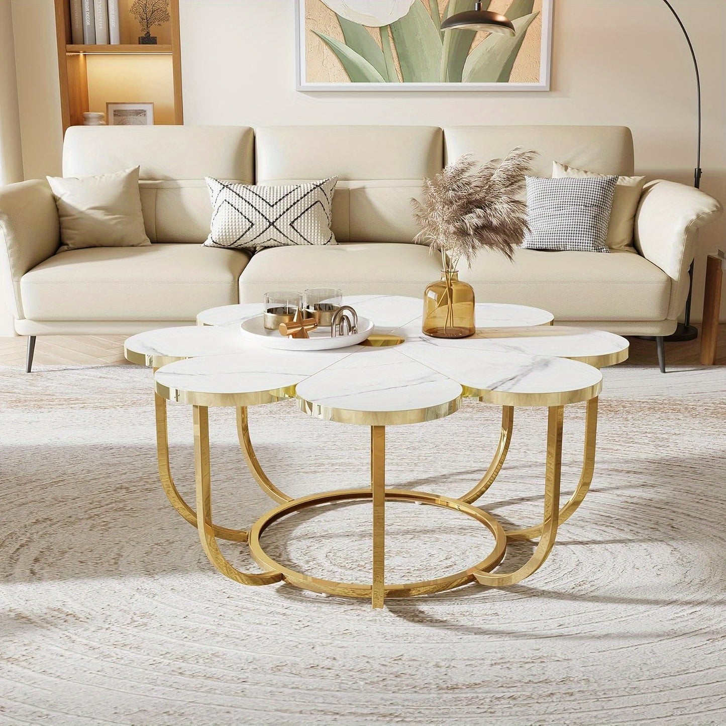 Salontafel – Tafel – Koffietafel – Bijzettafel – Lounge Tafel – Wit en Goud – Bloemvormig Kunstmarmeren Blad – Stevig Metalen Frame 100 cm