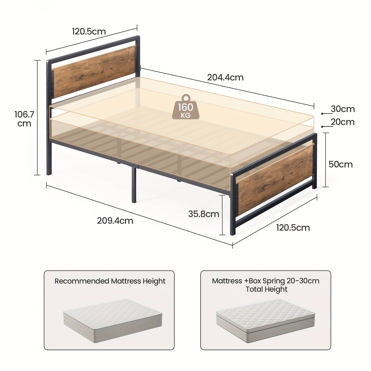 Bedframe – Platformbed – Eenpersoonsbed – Tweepersoonsbed – Industrieel Bed – Retro Bruin – 120x200 cm – Metaal & Hout – 35 cm Opbergruimte Onder Bed