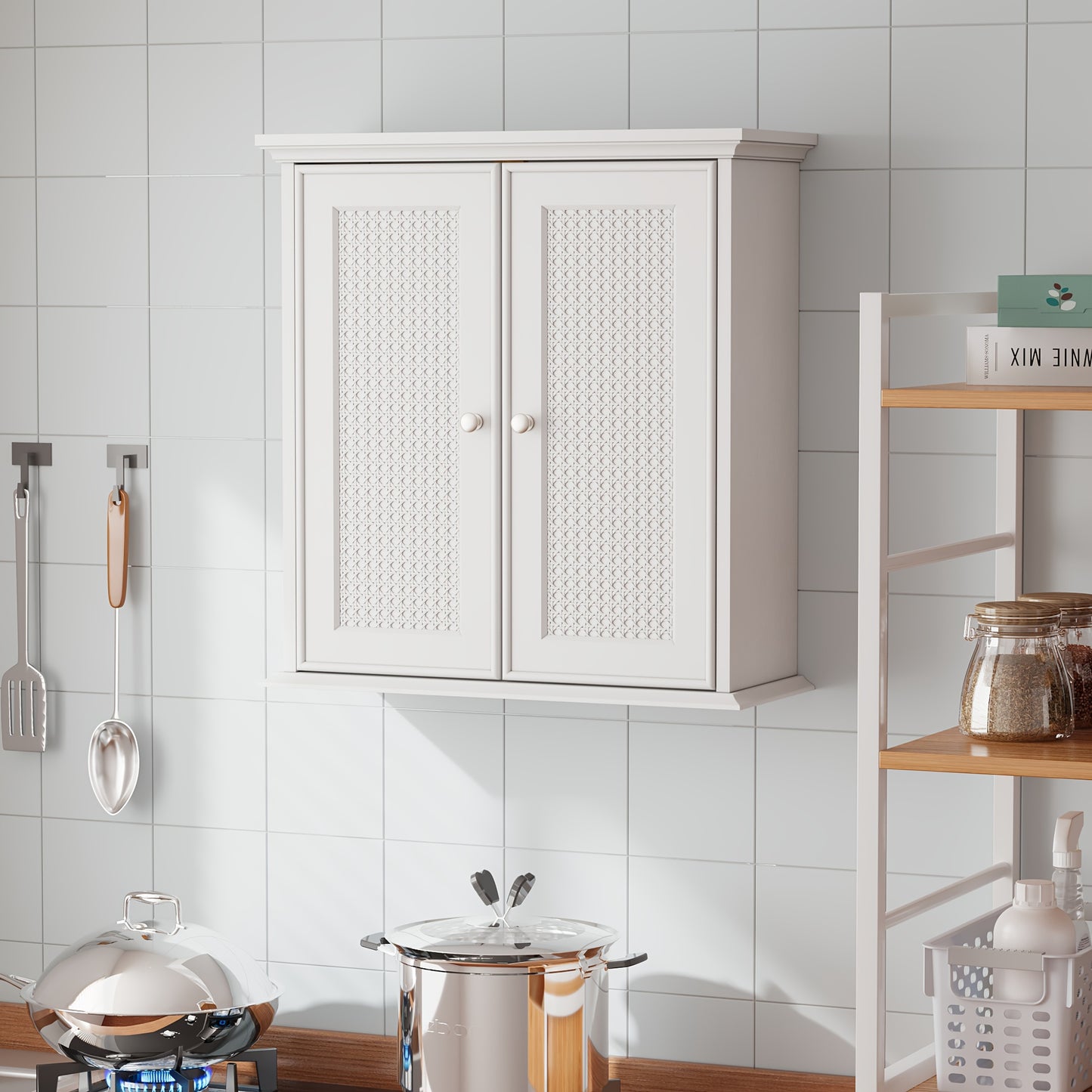 Badkamerkast – Medicijnkast – Opbergkast – Wastafelonderkast – Wandkast – Wit – Rieten Deuren – Verstelbare Planken – Compact & Ruimtebesparend