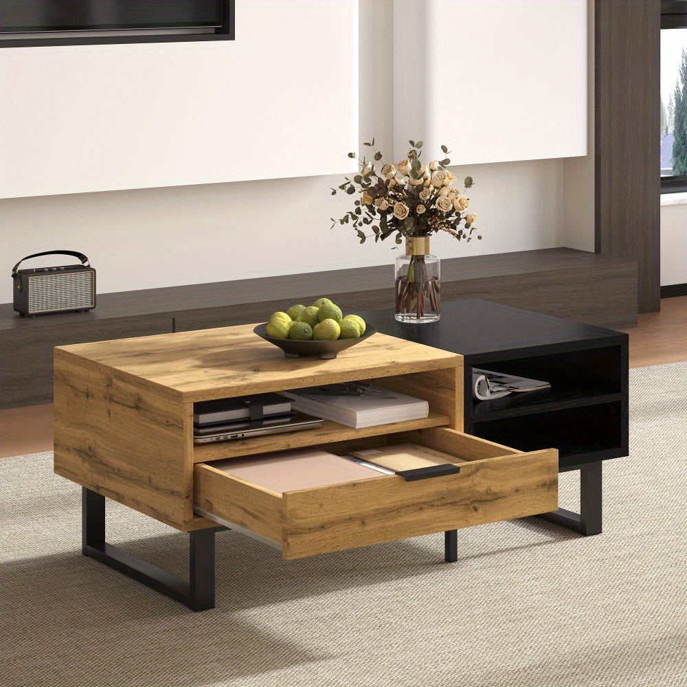 Salontafel – Woonkamertafel – Koffietafel – Bijzettafel – Tafel Met Lades – Burlywood Kleurvlakken – Hardhout En Metaal – Met Opbergruimte