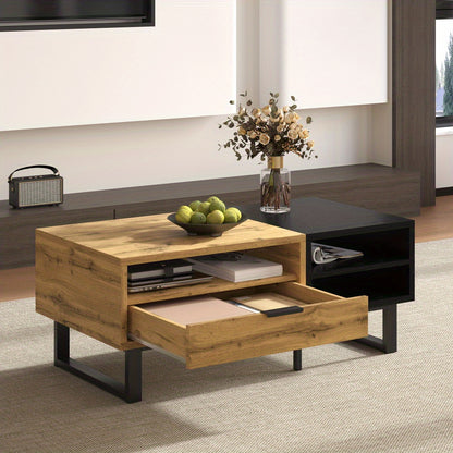 Salontafel – Woonkamertafel – Koffietafel – Bijzettafel – Tafel Met Lades – Burlywood Kleurvlakken – Hardhout En Metaal – Met Opbergruimte