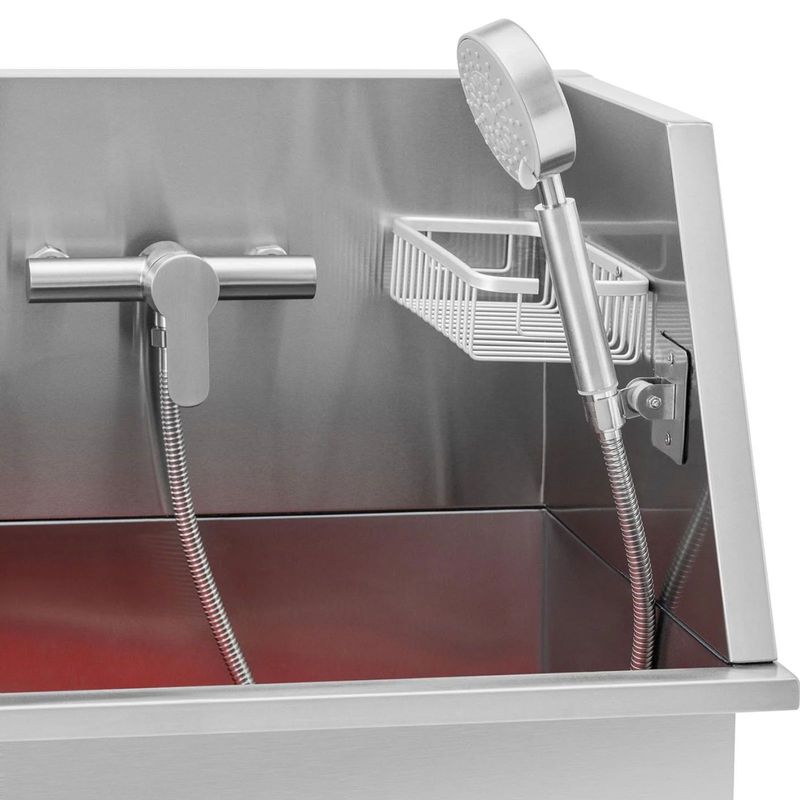 Hondenbadkuipje – Hondenwasbak – Dierenwasbak – Trimsalon Badkuip – Hondenverzorgingsbad – RVS Badkuip – 85 x 48 x 118 cm – Inclusief Douchekop en Thermostaatkraan