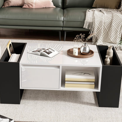 Salontafel – Koffietafel – Woonkamertafel – Tafeltje – Bijzettafel – Modern Design – Hoogglans Zwart – Metaal – Opberglade – 105x60x40,5 cm