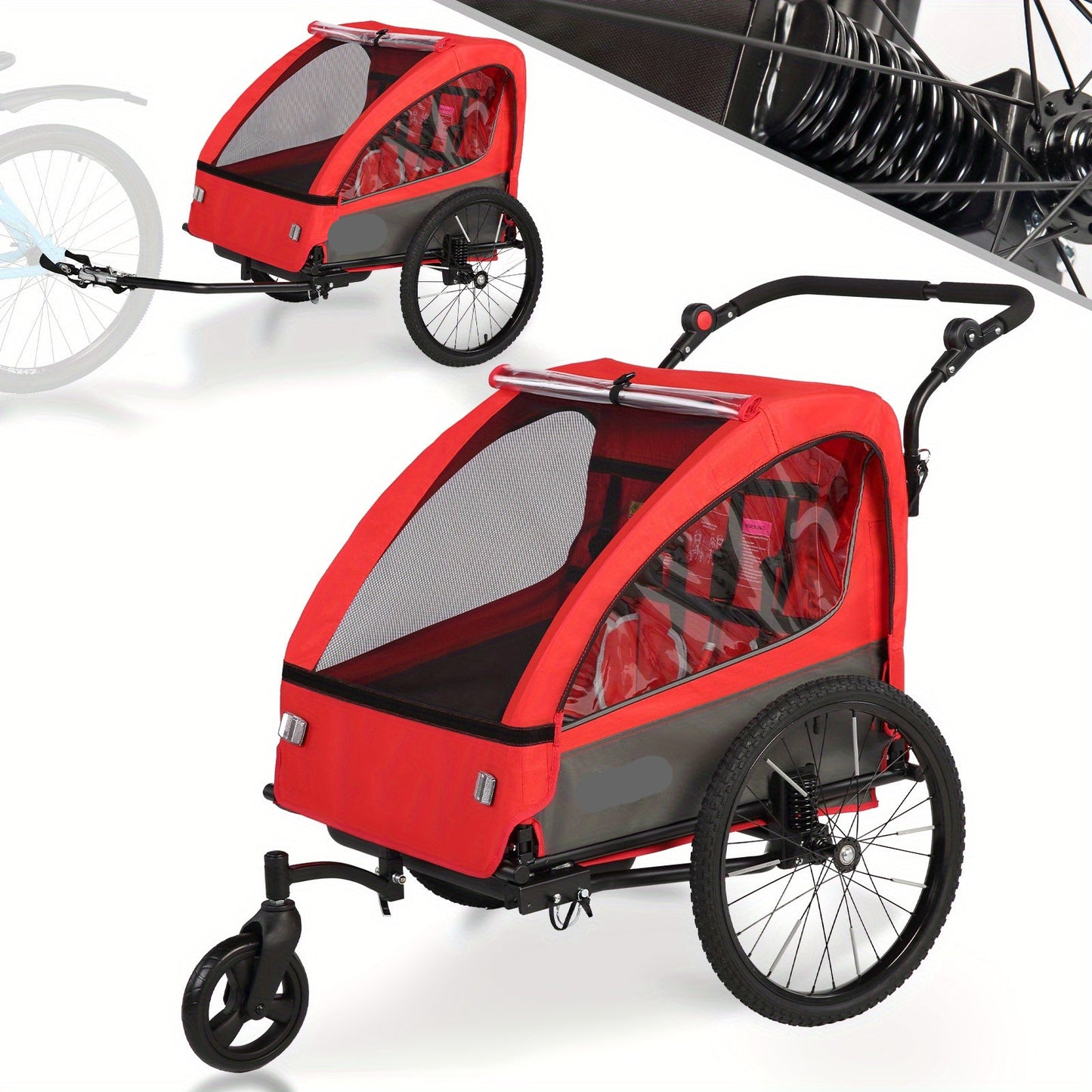 Kinderfietskar – Fietskar – 2-in-1 Jogger – Wandelwagen – Kinderwagen – 360° Draaibaar Wieltje – Vering & 5-Punts Veiligheidsgordel – Rood - QUORE