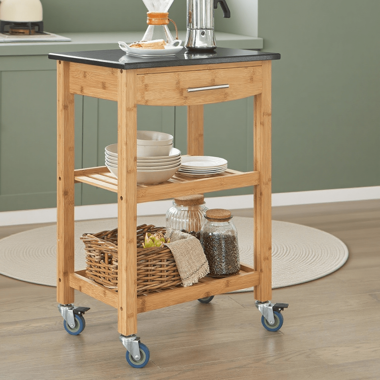 Serveerwagen – Keukentrolley – Rollende Kar – Serveertrolley – Keukenwagen – Bamboe Materiaal – Granieten Werkblad – 58x85x40 cm