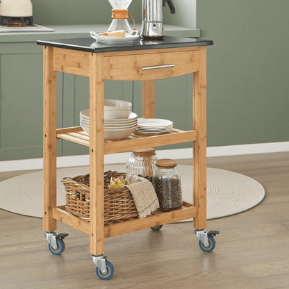 Serveerwagen – Keukentrolley – Rollende Kar – Serveertrolley – Keukenwagen – Bamboe Materiaal – Granieten Werkblad – 58x85x40 cm