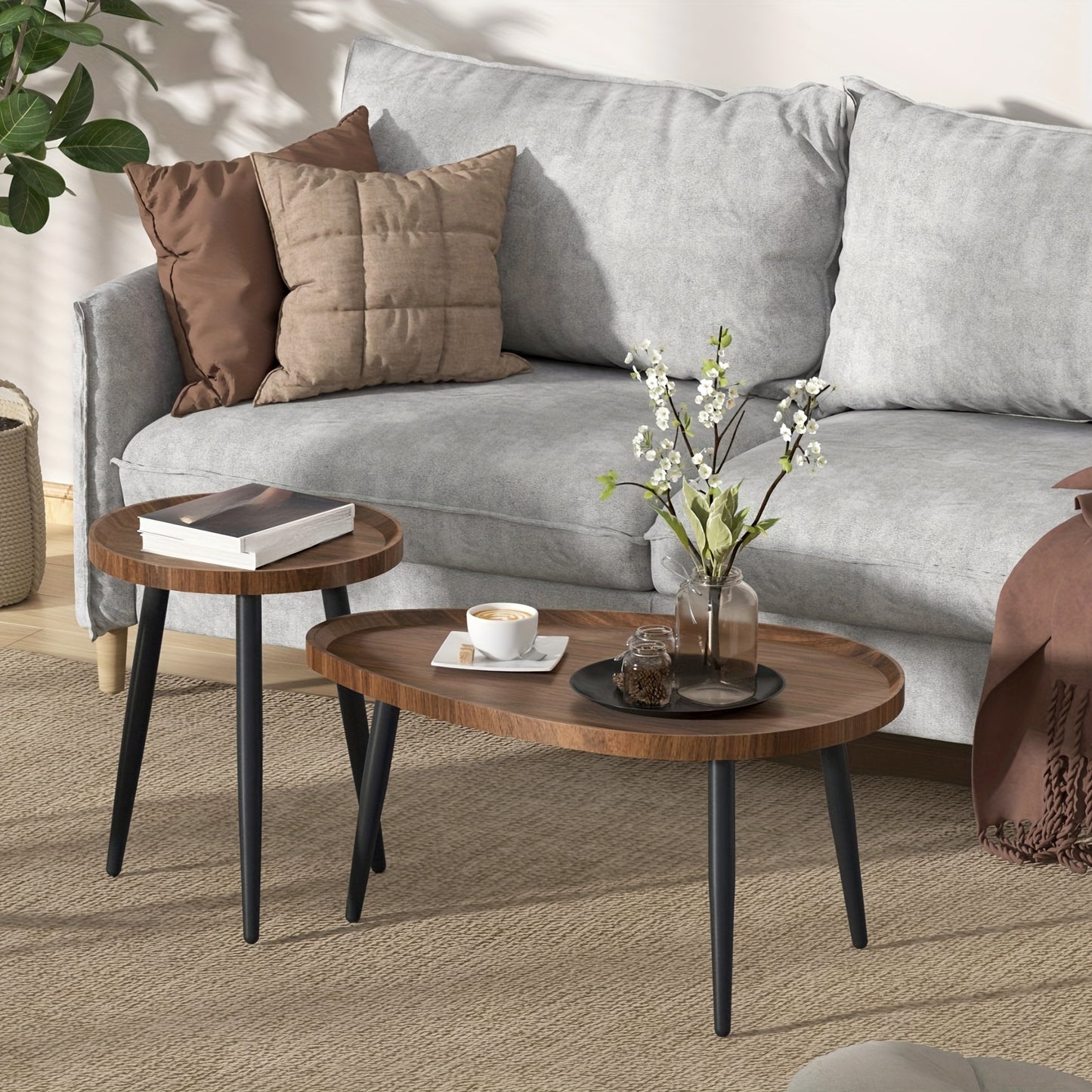 Industriële Bijzettafels – Salontafel – Side Table – Koffietafel – Nesting Tafels – Set van 2 – Walnootkleurig PVC Blad – Zwart Metalen Frame