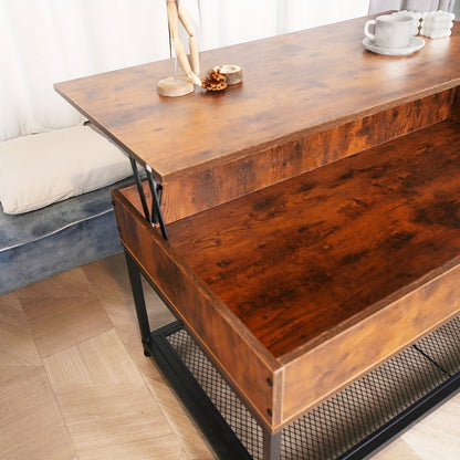 Salontafel – Koffietafel – Bijzettafel – Woonkamertafel – Tafel – Verstelbaar Lift-Top – Verborgen Opbergruimte – Hout – Metaal – Rustiek Bruin