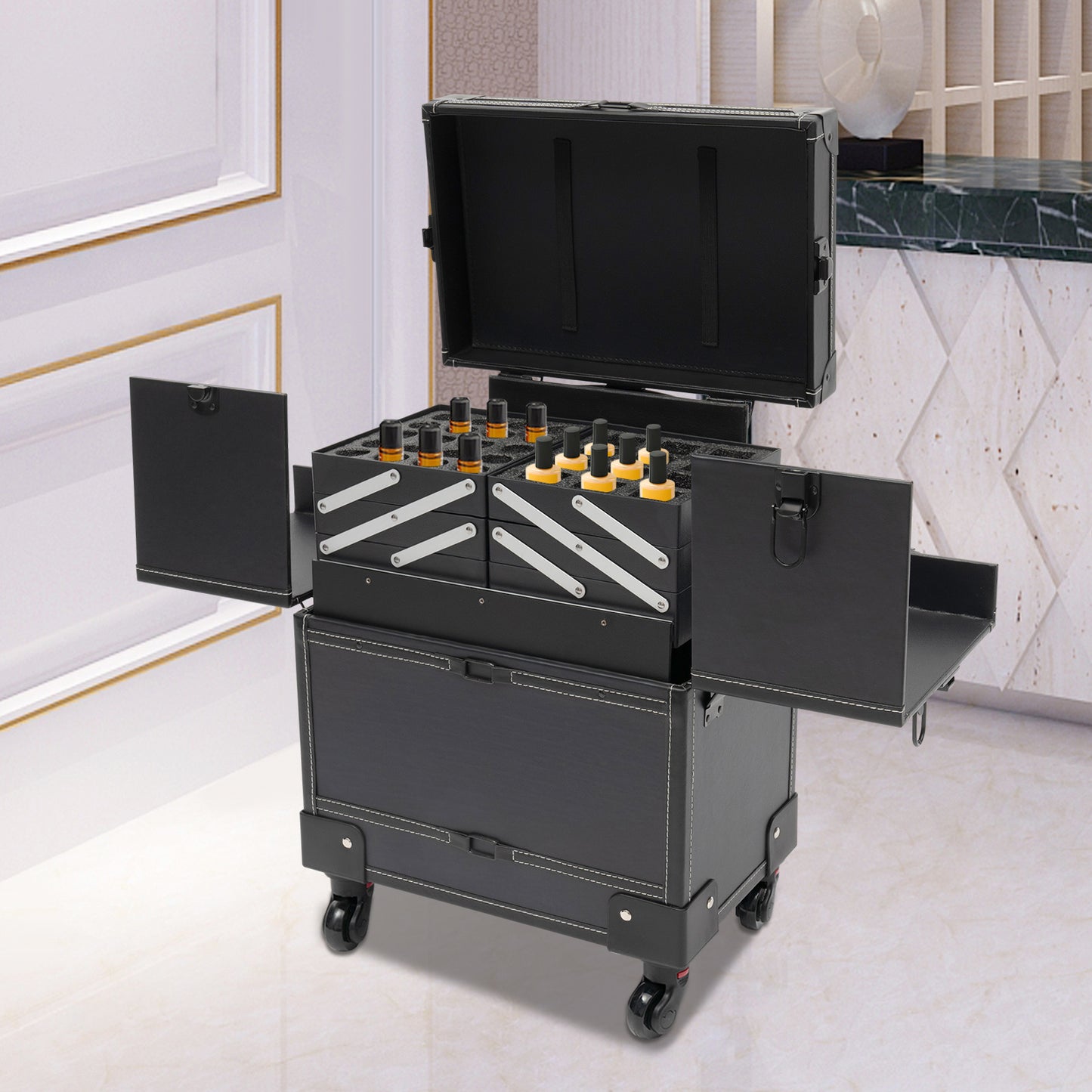 YIYIBYUS Professional Right-Angle Rolling Makeup Trolley - Durable PU Beauty Organizer with Multiple Compartments & Trays, Black Cosmetic Case for Makeup Artists, Nail Technicians, Hairdressers - Salon & Travel Use