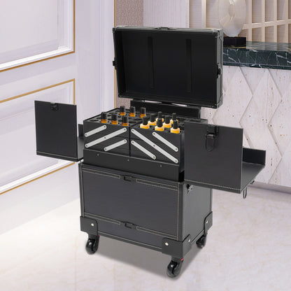 YIYIBYUS Professional Right-Angle Rolling Makeup Trolley - Durable PU Beauty Organizer with Multiple Compartments & Trays, Black Cosmetic Case for Makeup Artists, Nail Technicians, Hairdressers - Salon & Travel Use