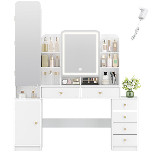 Kaptafel – Make-up Tafel – Dressoir – Cosmeticatafel – Meubel – Grote Spiegel – Ingebouwde Verlichting – 8 Open Vakken & 6 Lades – Witte Sieradekast