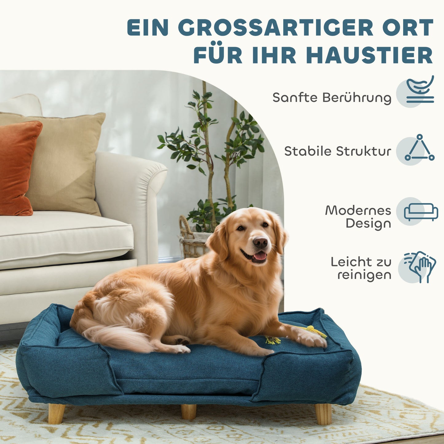 Hondenmand – Hondenbankje – Hondenbed – Huisdier Sofa – Afneembaar Kussen – Donkerblauw – Verhoogde Houten Pootjes – 96x66x24 cm