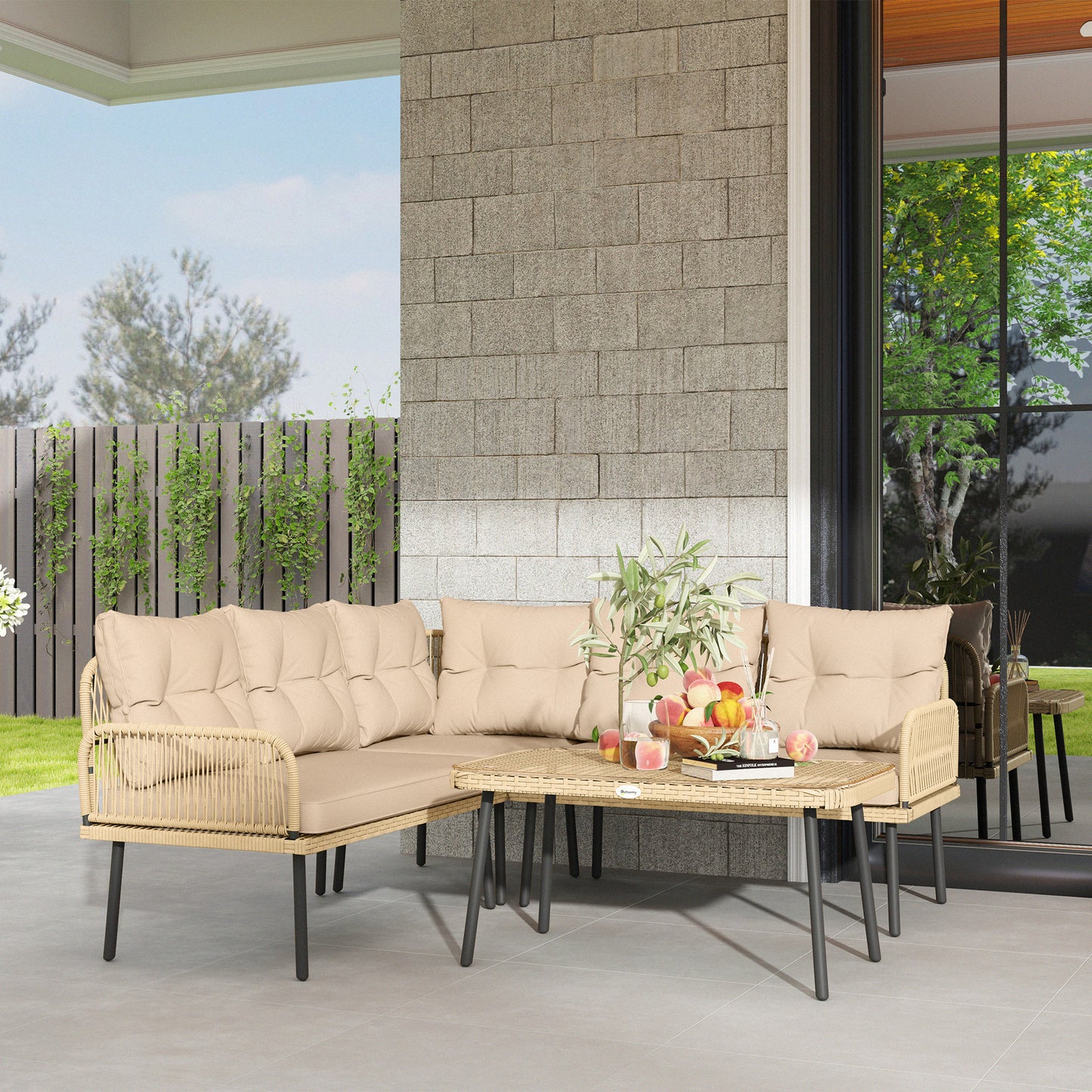 Tuinset 5-Zits – Loungeset – Balkonmeubels – Verandameubel – Buitenbank – Weerbestendig Stalen Frame – Comfortabele Waterafstotende Kussens – Natuurlijke Houtlook