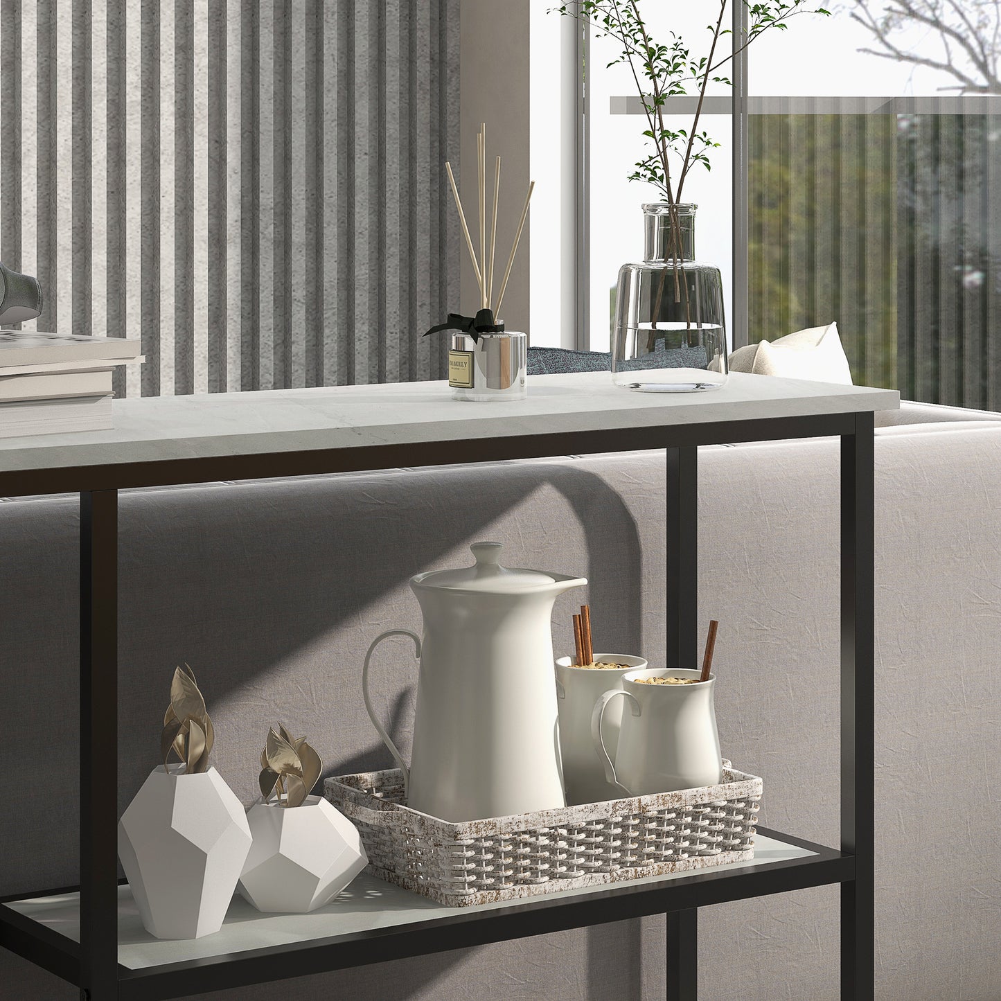 Sidetable – Sidetable Industrieel – Haltafel – ConsolTafel – Wandtafel – Zwart Wit Marmerlook – 2 Ruime Opbergniveaus – Stevig Zwart IJzeren Frame