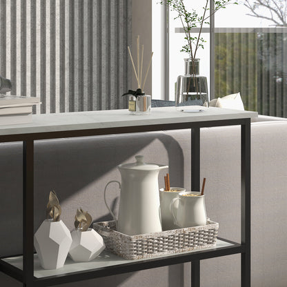 Sidetable – Sidetable Industrieel – Haltafel – ConsolTafel – Wandtafel – Zwart Wit Marmerlook – 2 Ruime Opbergniveaus – Stevig Zwart IJzeren Frame