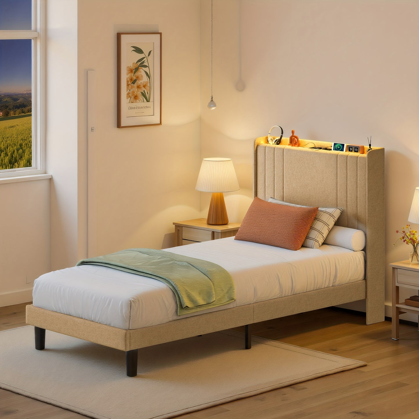 Eenpersoonsbed – Single Bed – Bedframe – Bedombouw – Slaapbed – 90x200 cm – Opbergruimte Hoofdeinde – Stil Geluid – 16 cm Opbergruimte Onderbed – Hout Metaal Mix – Eenvoudige Montage – Ruimtebesparend Design