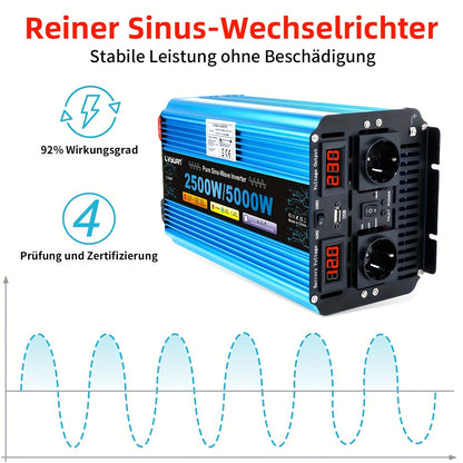 Zuivere Sinus Omvormer – Stroomomzetter – Spanning Converter – DC naar AC Inverter – Autoinverter 12V 2500W – LED Display – 2 Stopcontacten & USB Poorten