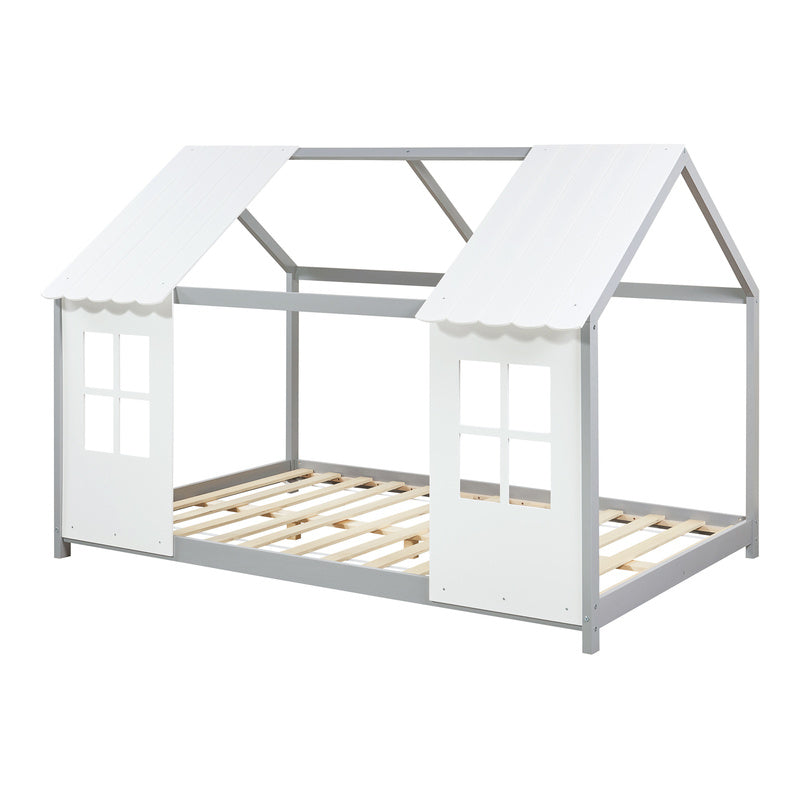 Kinderbed – Halfopen Huisbed – Huisvormig Bed – Kinderbed Frame – Bed Voor Kinderen – 90x200 cm Wit – Massief Dennenhout – Sfeervolle Decoratieve Ramen