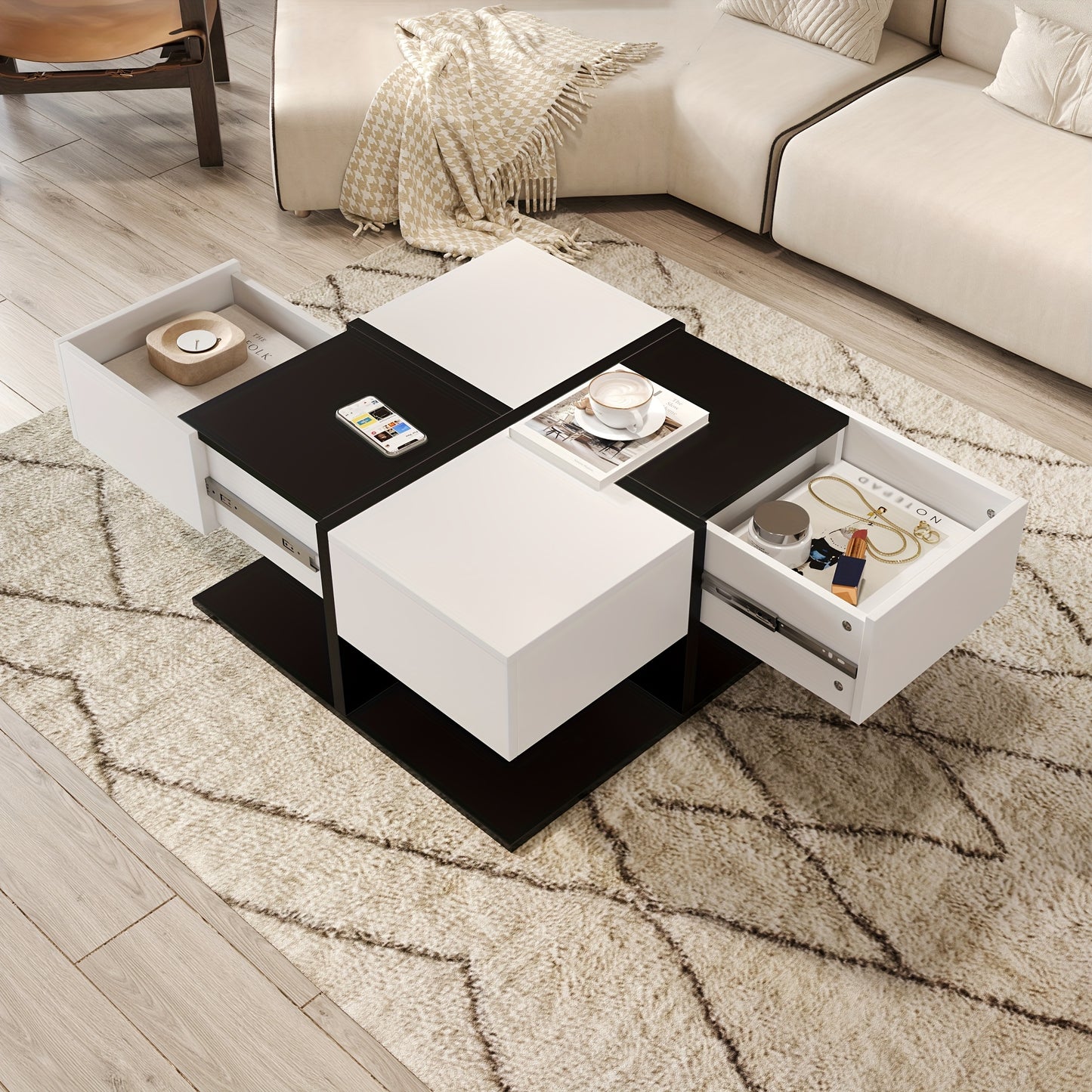Salontafel – Woonkamertafel – Koffietafel – Bijzettafel – Tafel – Vierkant – 70x70x35,5 cm – 2 Soft-Close Lades – Zwart-Wit Modern Design
