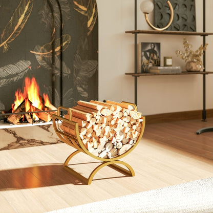 Houthouder – Houtrek – Haardhoutopslag – Houtmand – Houtkorf – Gouden Kleur – 46x36x41 cm – Metalen Poedercoating