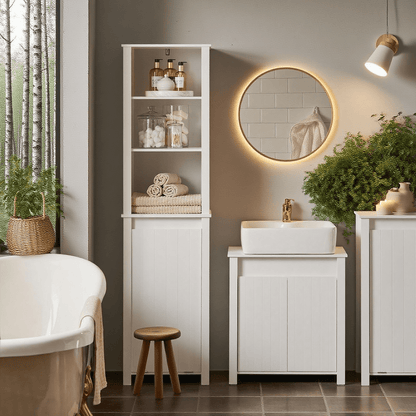 Hoge Badmeubel – Badkamerkast – Opbergkast – Wasmand Kast – Smalle Badmeubel – 3 Open Vakken – Uitneembare Wasmand – MDF Hout – Anti-Kantel Beveiliging