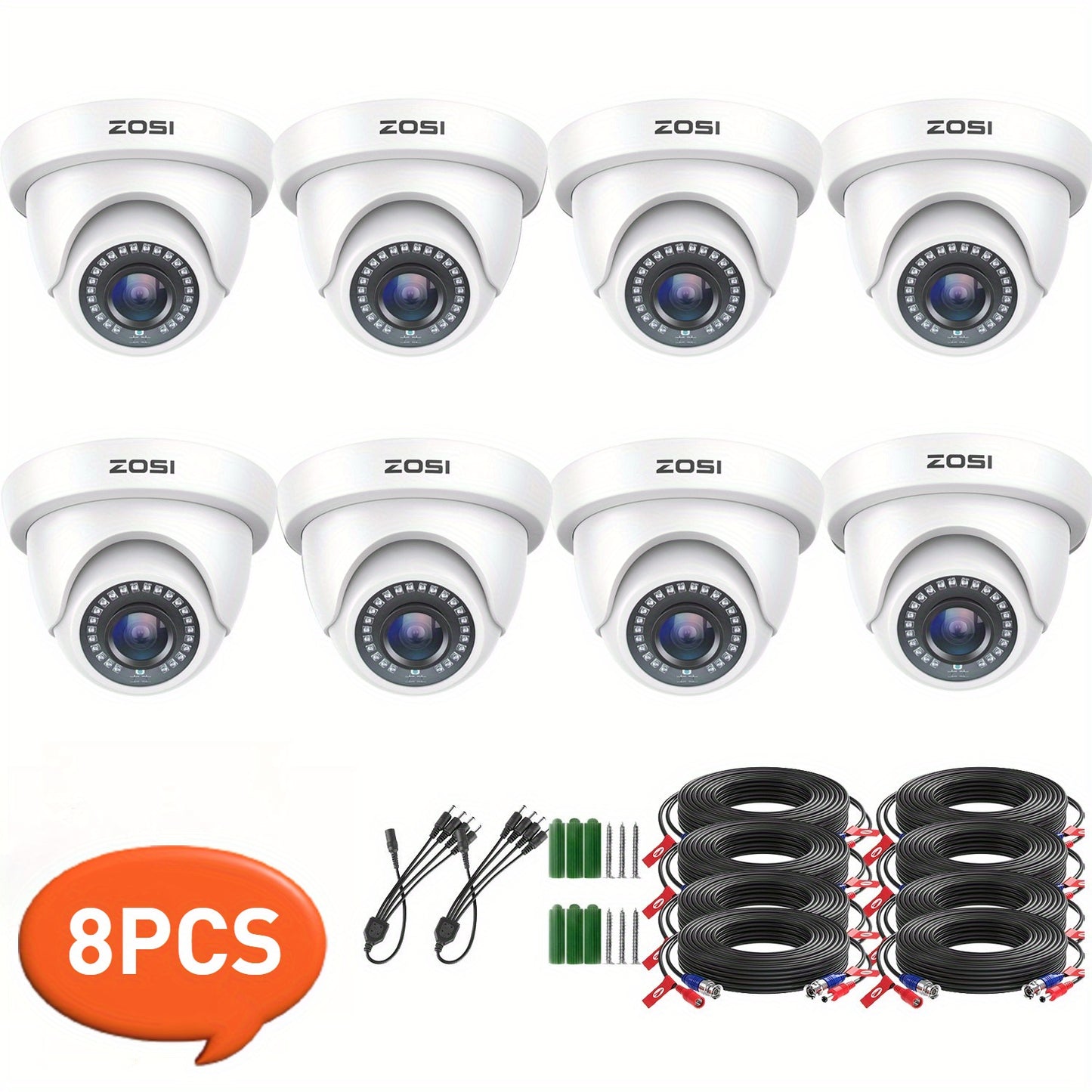 Dome Beveiligingscamera – CCTV Camera – Surveillance Camera – Camera Voor Thuis – Buitenbeveiliging – 1080P HD Resolutie – 24 Meter IR Nachtzicht – Set Van 8 Met BNC Kabels