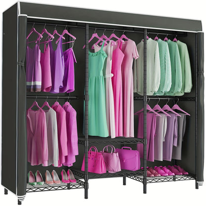 Kledingkast Organizer – Garderobekast – Kledingrek – Kast – Opbergkast – Vrijstaand Carbon Stalen Frame – Afneembare Stoffen Hoes – 4 Planken & 7 Hangzones – 175x180 cm Ruimtebesparend