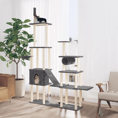 Krabpaal – Kattenklimrek – Krabplank – Krabtoon – Kattenmeubel – Donkergrijs – 279 cm Hoog – Houten Constructie Met Sisal