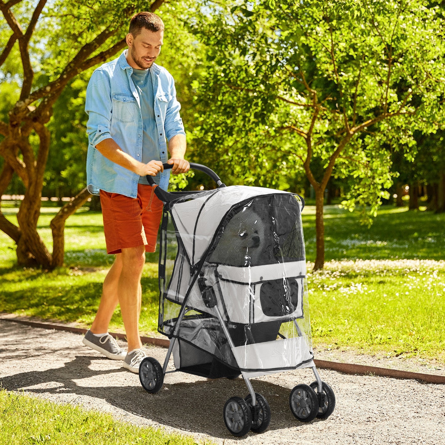 Hondenbuggy – Hondenwagen – Wandelwagen – Dierenwagen – Buggy voor Kleine Honden – Grijs – Inklapbaar Frame – Waterafstotende Hoes – 75x45x97 cm – Twee Bekerhouders