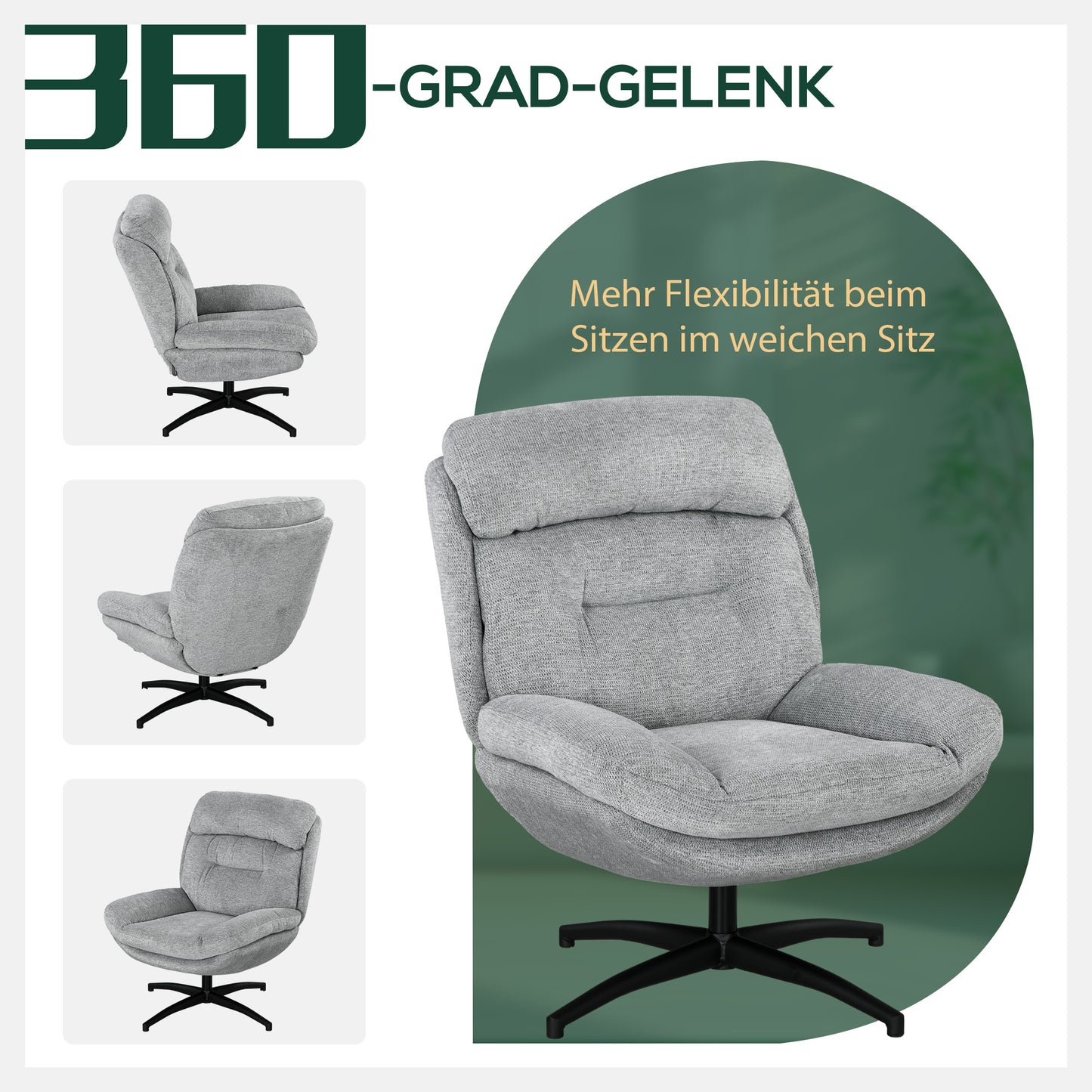 Draaifauteuil – Draaistoel – Relaxstoel – Fauteuil – Stoel – 360 Graden Draaibaar – Chenille Stof Grijs – Met Zwarte Stalen Poten – Geïntegreerde Armleuningen – Ergonomisch Comfort